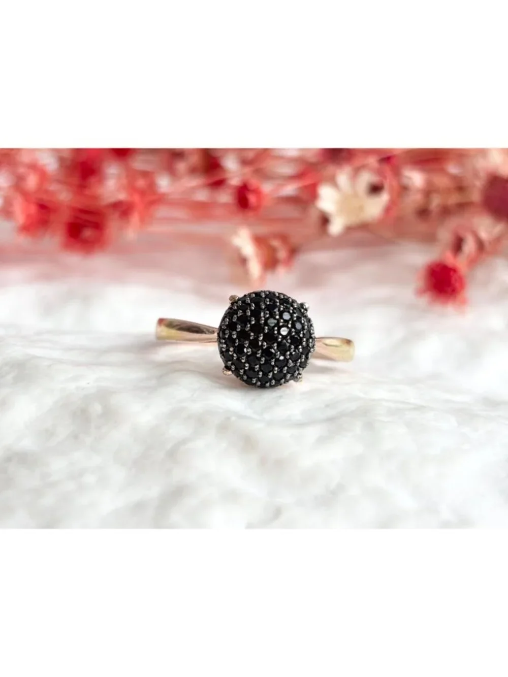 Black Spinel Pave Vermeil Gold Overlay Sterling Silver 925 Vintage Ring - sz 10